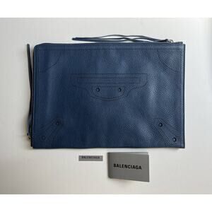 Balanciaga Blackout Pouch Clutch Blue Grained Calfskin NWT Italy